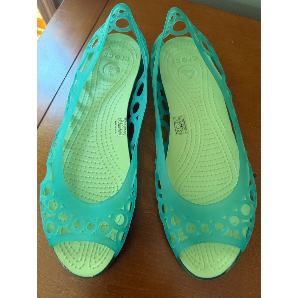 Crocs Adrina Green Blue Slip On Ballet Flats Peep Toe Jelly Sandals Size 9